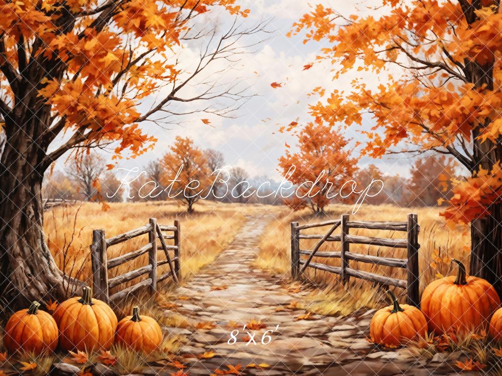 Kate Autumn Backdrop Outdoor Maple Leaves Forest Field Pumpkin Path Designed by GQ - Kate Backdrop AU