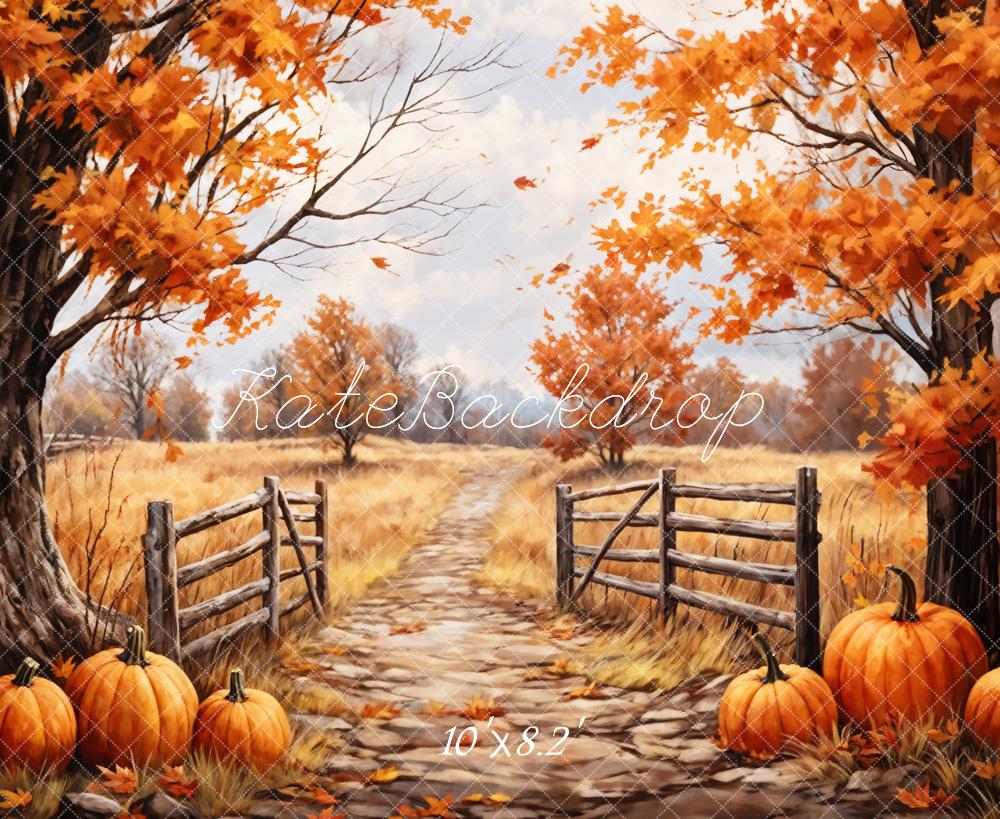 Kate Autumn Backdrop Outdoor Maple Leaves Forest Field Pumpkin Path Designed by GQ - Kate Backdrop AU