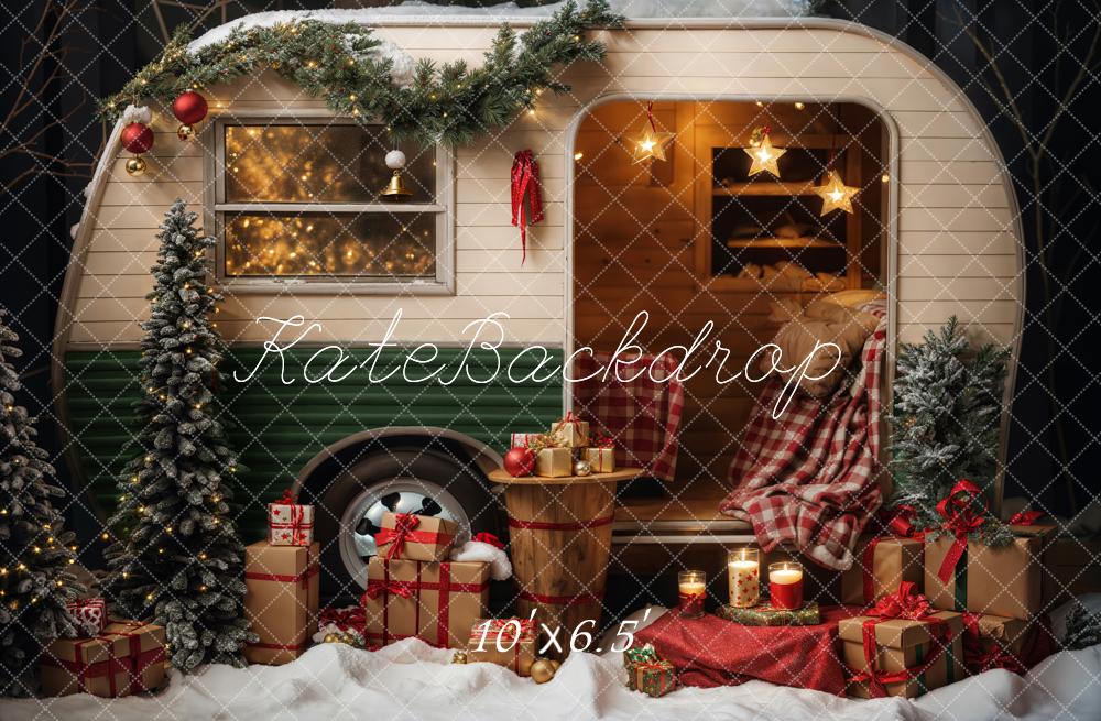 Kate Christmas Snow Outdoor Green Camper Backdrop Designed by Emetselch