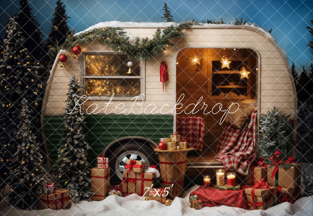 Kate Christmas Snow Outdoor Green Camper Backdrop for Photography