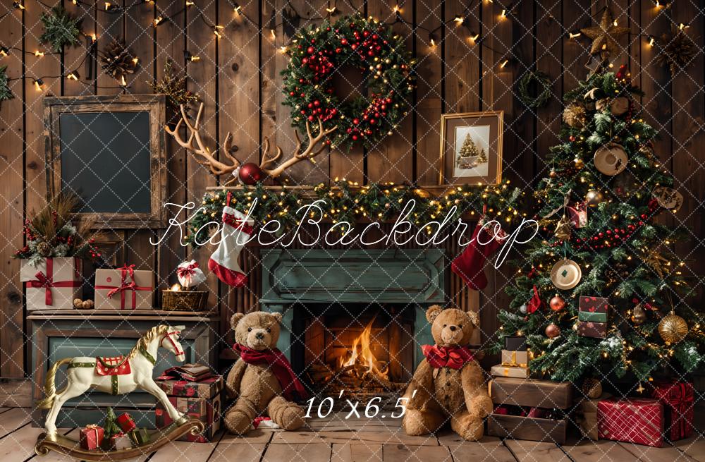 Kate Christmas Fireplace Bear Garland Backdrop Designed by Emetselch
