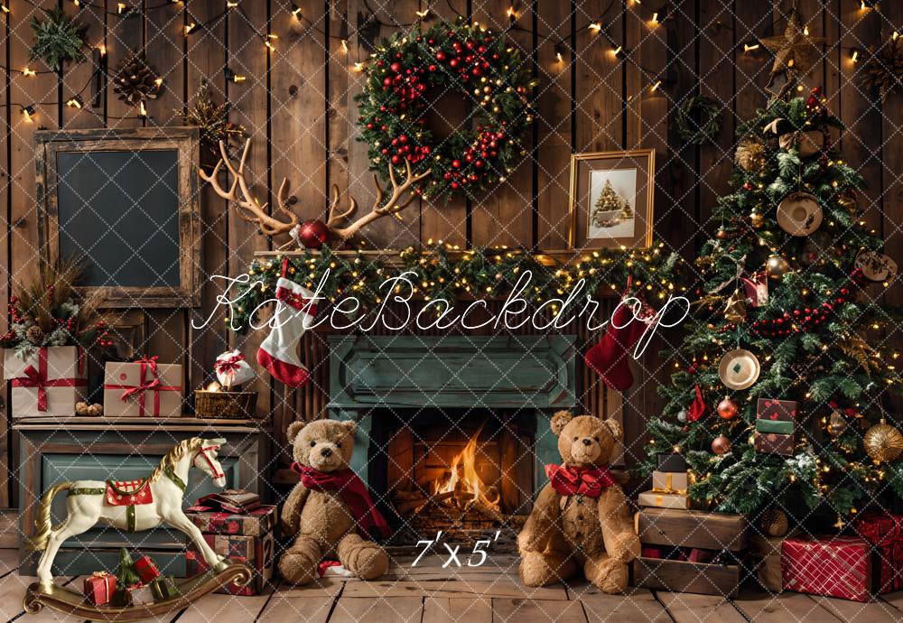 Kate Christmas Fireplace Bear Garland Backdrop Designed by Emetselch