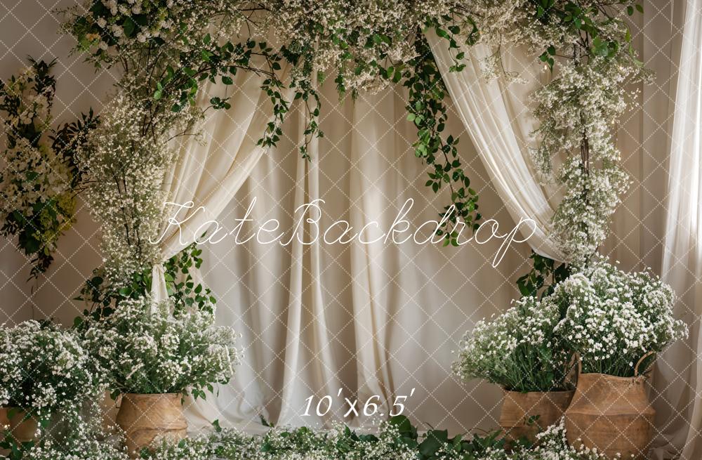 Kate Green Plant White Flower Curtain Backdrop Designed by Emetselch - Kate Backdrop AU