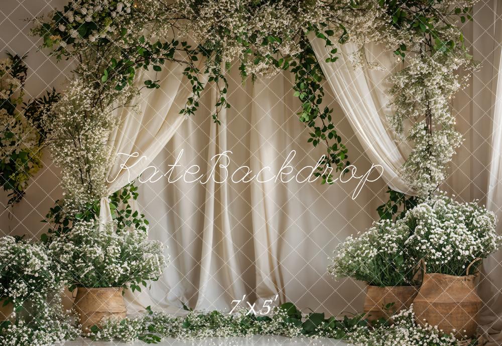 Kate Green Plant White Flower Curtain Backdrop Designed by Emetselch - Kate Backdrop AU