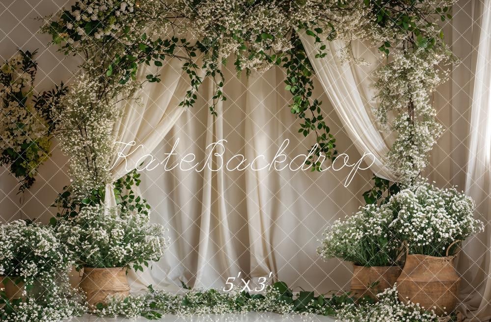 Kate Green Plant White Flower Curtain Backdrop Designed by Emetselch - Kate Backdrop AU