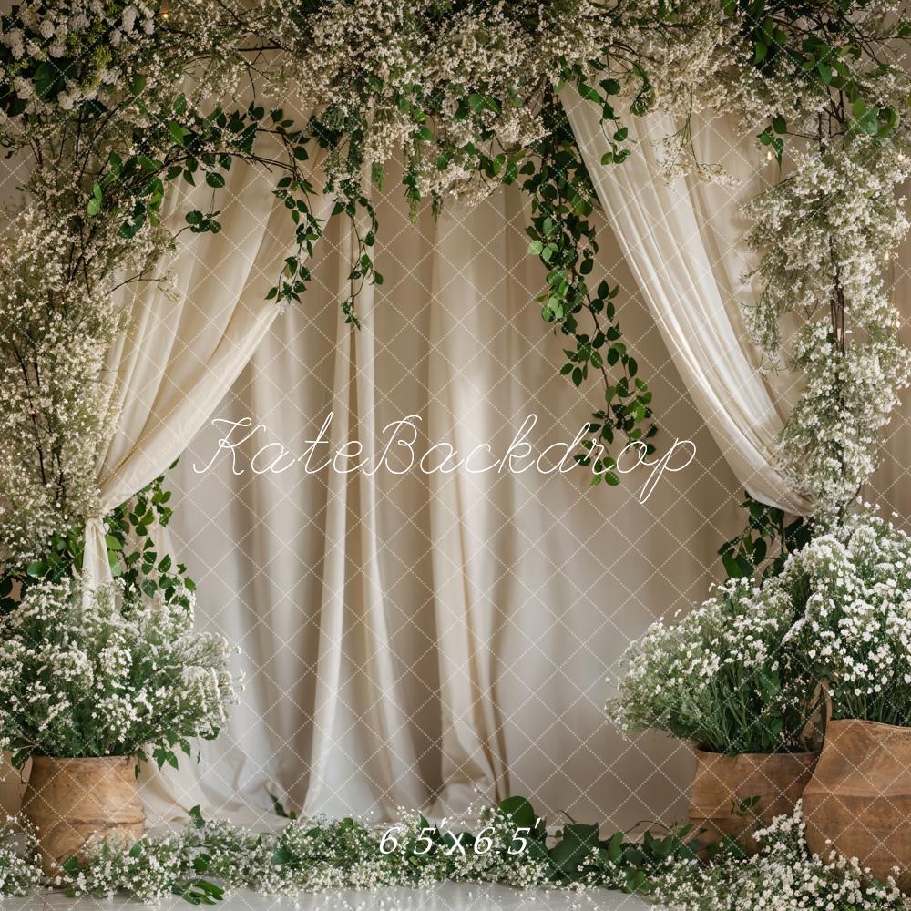 Kate Green Plant White Flower Curtain Backdrop Designed by Emetselch - Kate Backdrop AU
