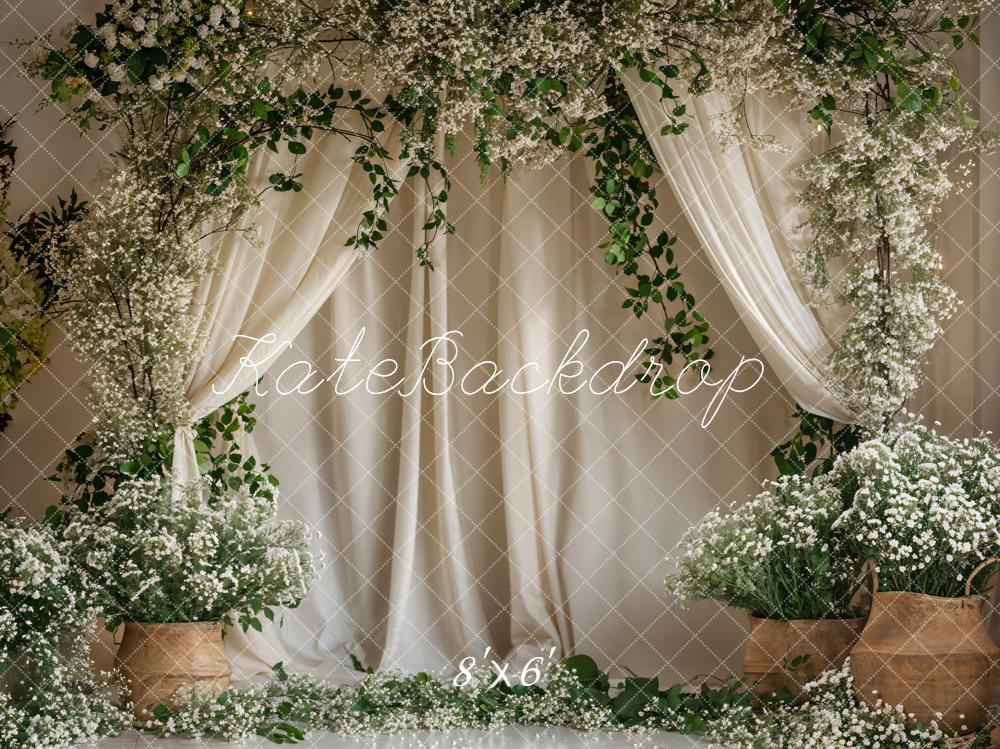 Kate Green Plant White Flower Curtain Backdrop Designed by Emetselch - Kate Backdrop AU
