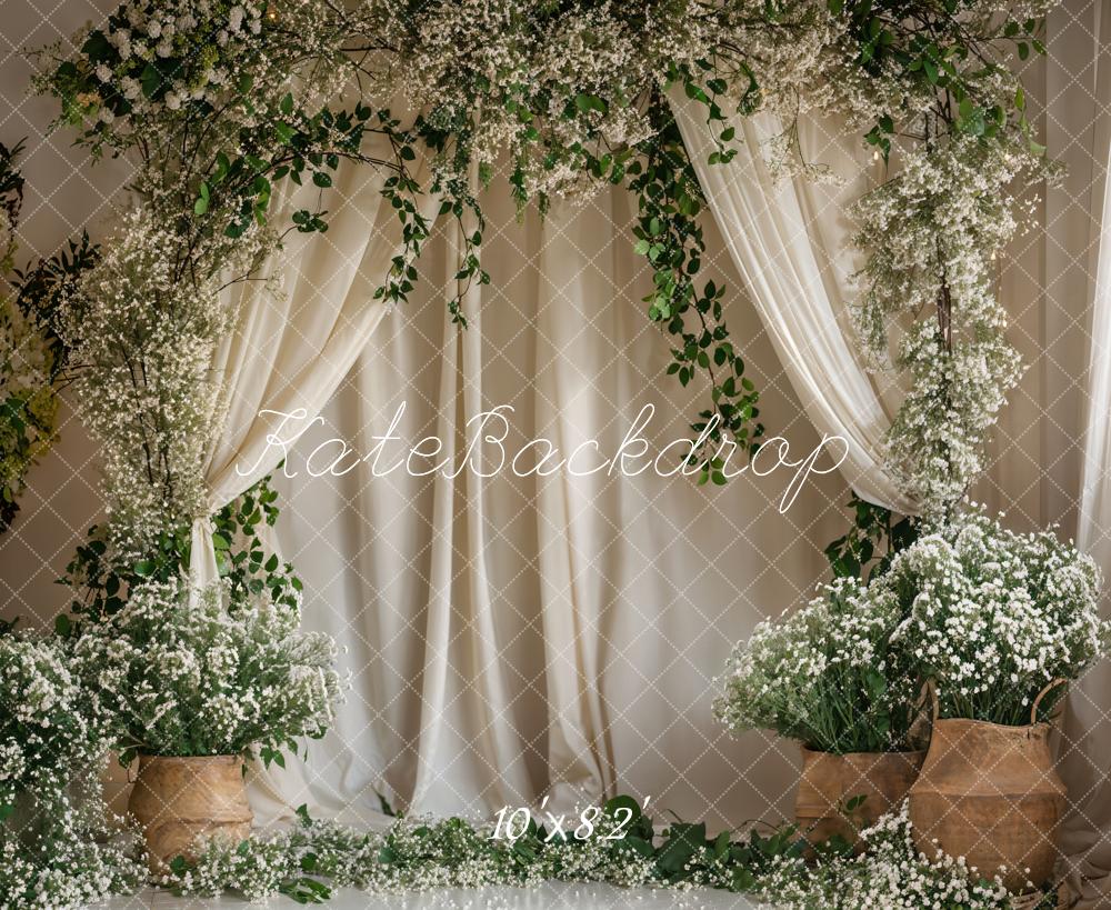 Kate Green Plant White Flower Curtain Backdrop Designed by Emetselch - Kate Backdrop AU