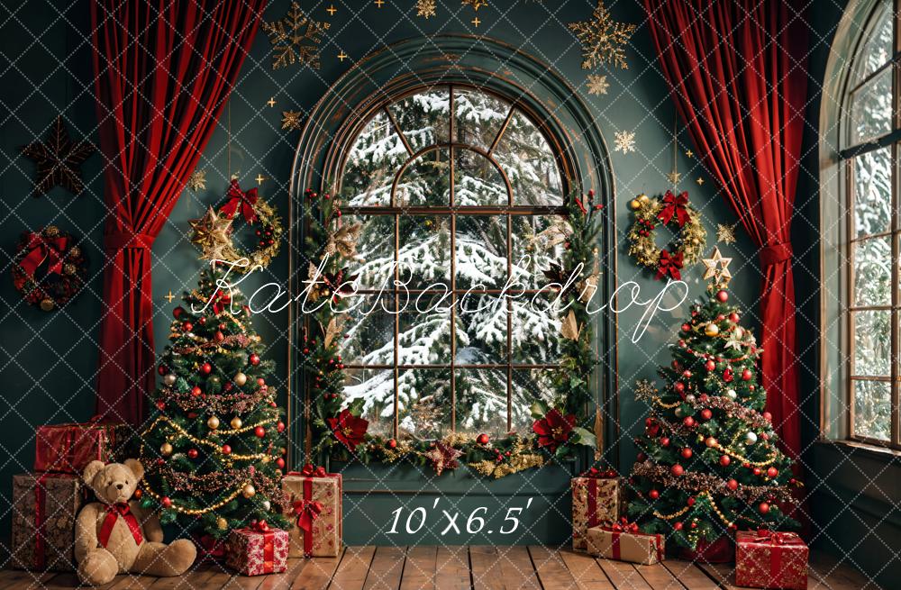 Kate Window Green Wall Christmas Tree Backdrop Designed by Emetselch - Kate Backdrop AU