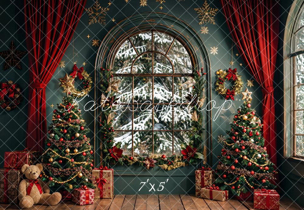 Kate Window Green Wall Christmas Tree Backdrop Designed by Emetselch - Kate Backdrop AU