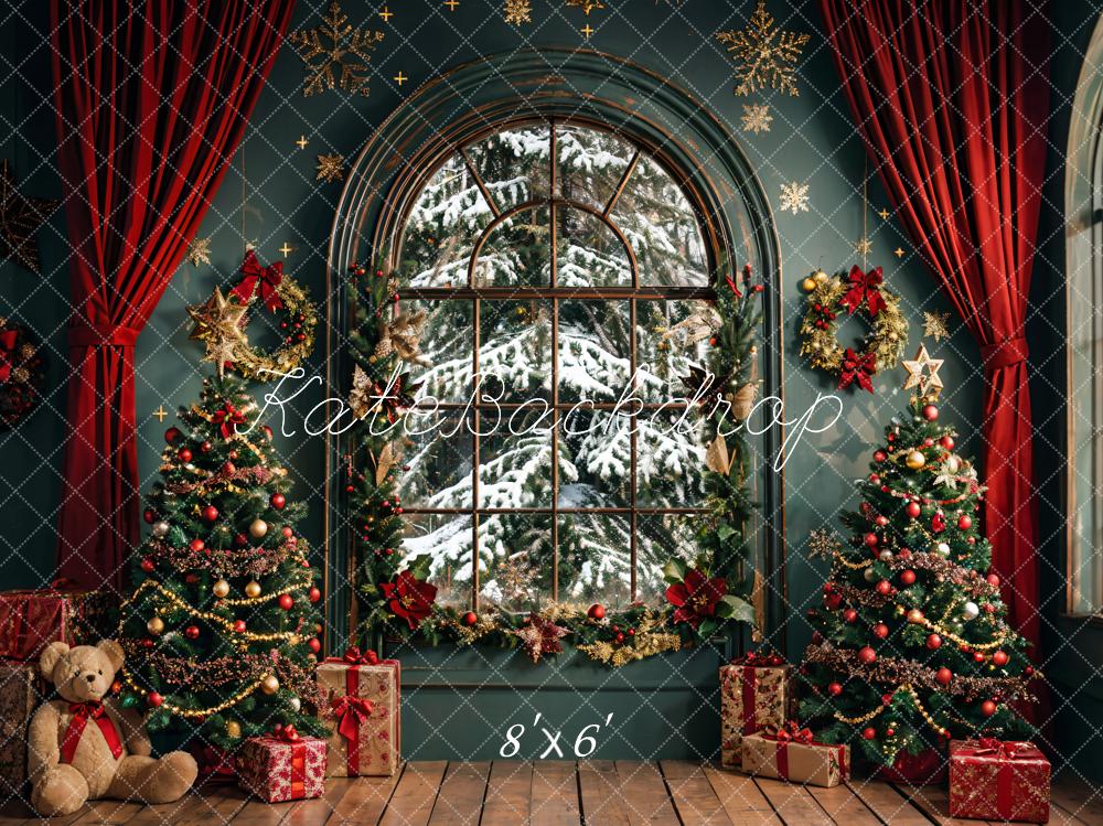 Kate Window Green Wall Christmas Tree Backdrop Designed by Emetselch - Kate Backdrop AU