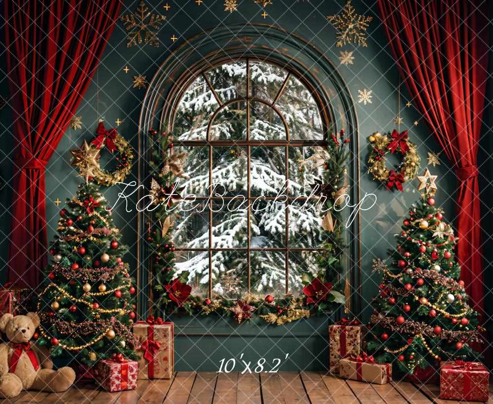 Kate Window Green Wall Christmas Tree Backdrop Designed by Emetselch - Kate Backdrop AU