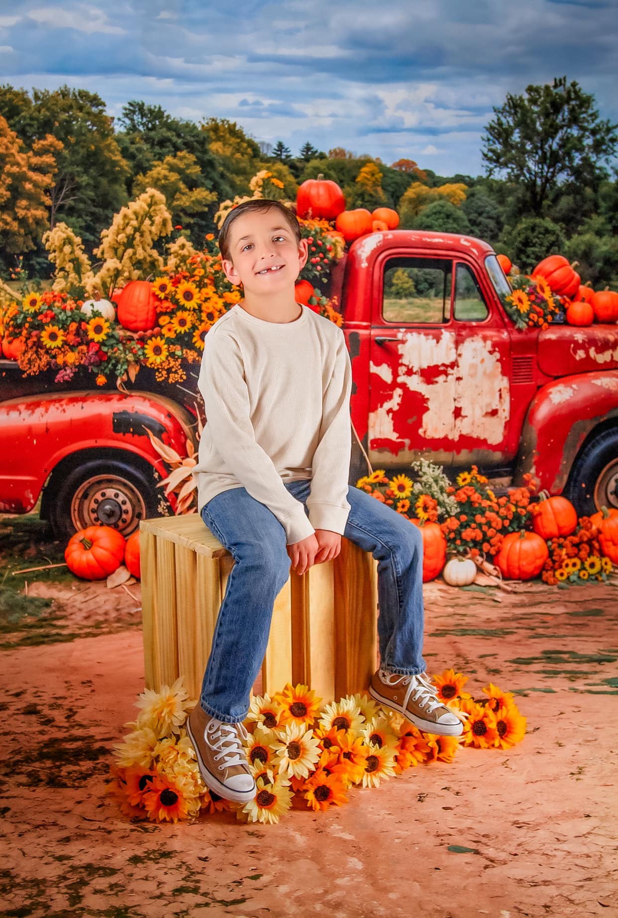 Kate Autumn Pumpkin Truck Backdrop+Muddy Road Floor Backdrop - Kate Backdrop AU