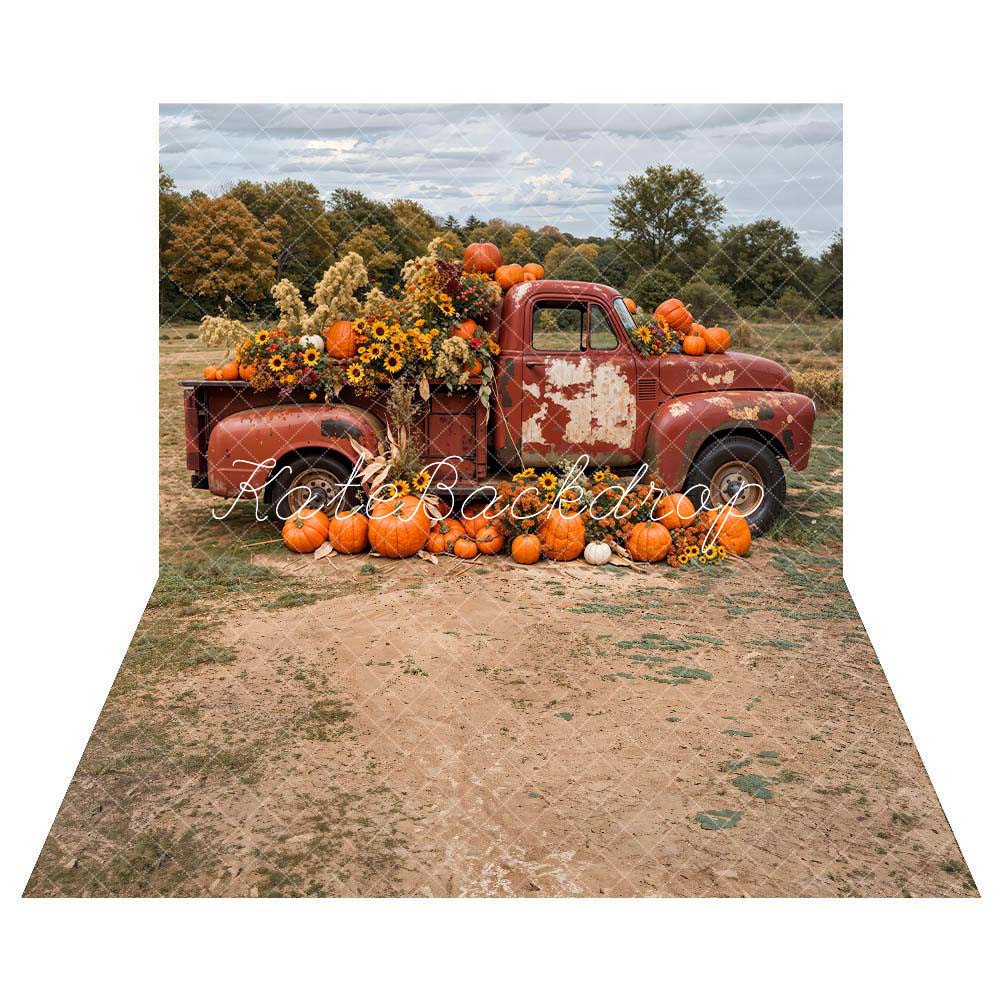 Kate Autumn Pumpkin Truck Backdrop+Muddy Road Floor Backdrop - Kate Backdrop AU