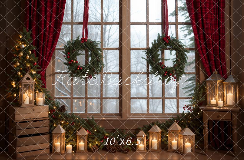 Kate Winter Christmas Indoor Backdrop Green Wreath Window Designed by Emetselch - Kate Backdrop AU