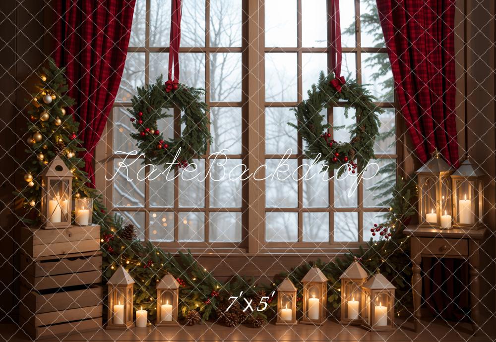 Kate Winter Christmas Indoor Backdrop Green Wreath Window Designed by Emetselch - Kate Backdrop AU