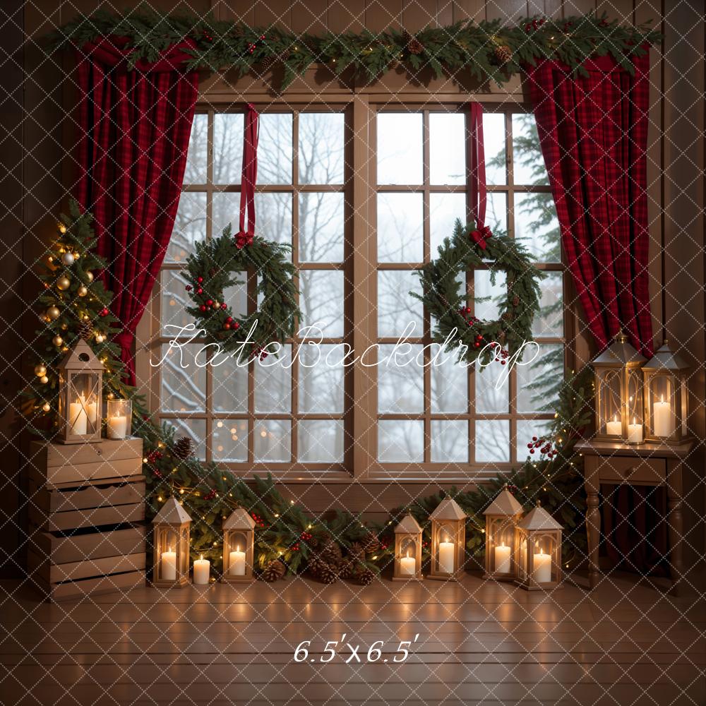 Kate Winter Christmas Indoor Backdrop Green Wreath Window Designed by Emetselch - Kate Backdrop AU