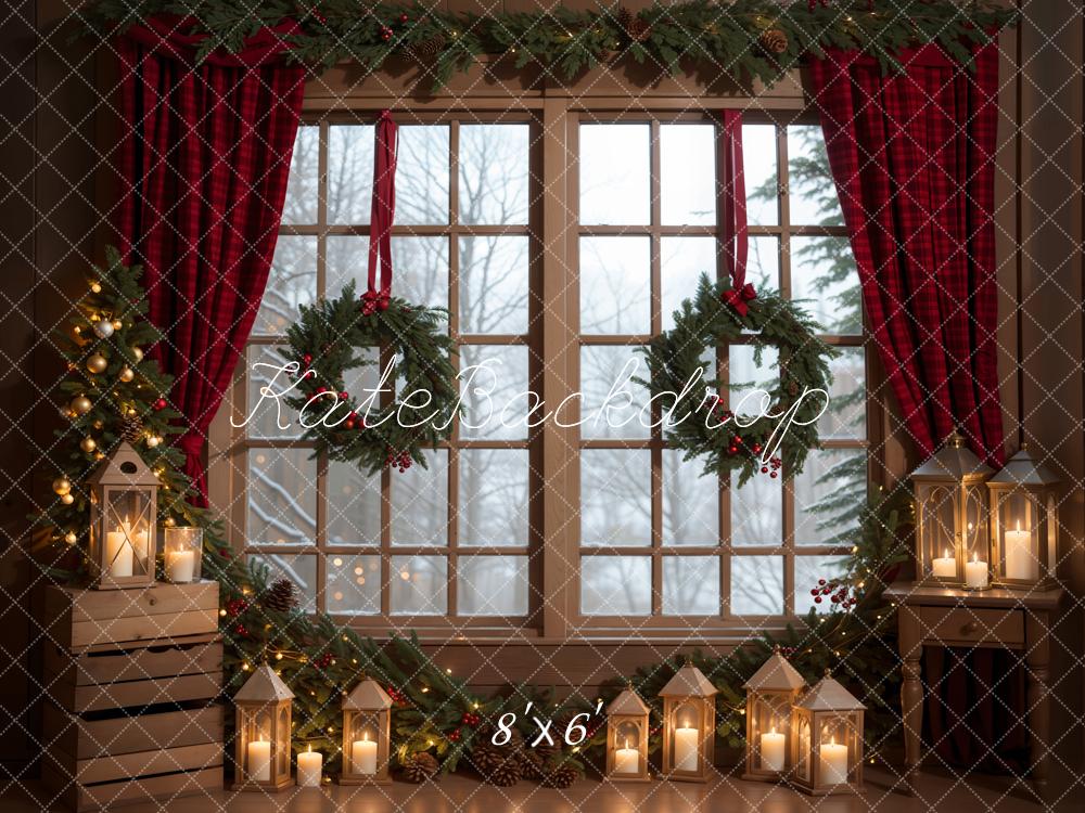 Kate Winter Christmas Indoor Backdrop Green Wreath Window Designed by Emetselch - Kate Backdrop AU