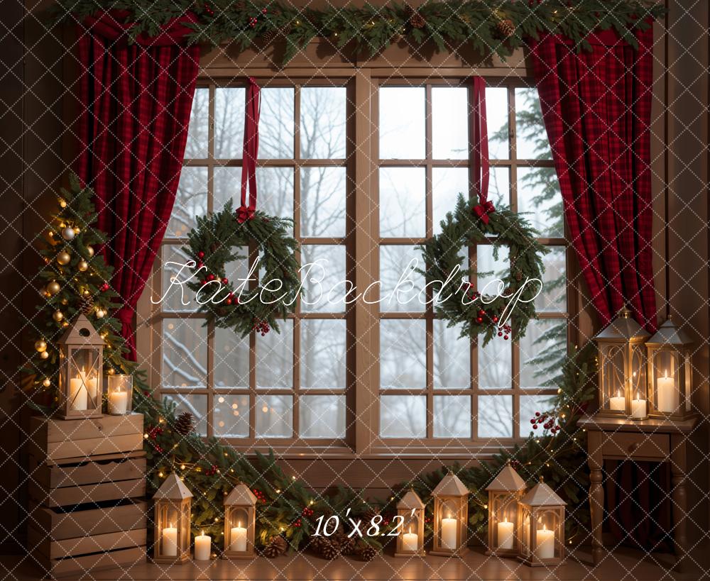 Kate Winter Christmas Indoor Backdrop Green Wreath Window Designed by Emetselch - Kate Backdrop AU