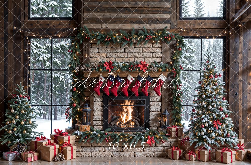 Kate Winter Christmas Brick Fireplace Window Backdrop Designed by Emetselch - Kate Backdrop AU