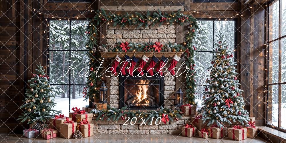Kate Winter Christmas Brick Fireplace Window Backdrop Designed by Emetselch - Kate Backdrop AU