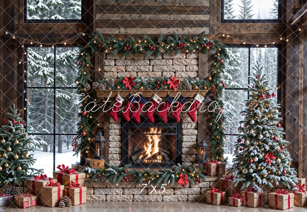 Kate Winter Christmas Brick Fireplace Window Backdrop Designed by Emetselch - Kate Backdrop AU