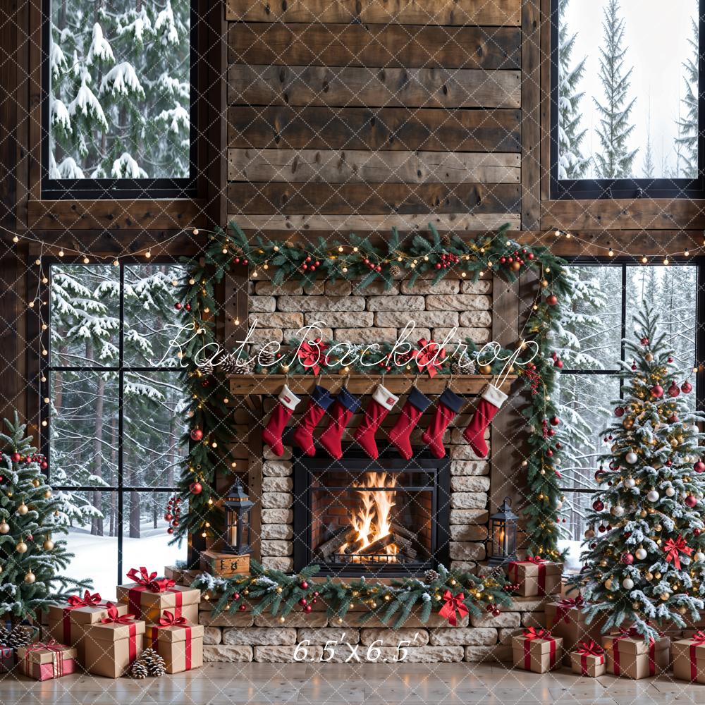Kate Winter Christmas Brick Fireplace Window Backdrop Designed by Emetselch - Kate Backdrop AU