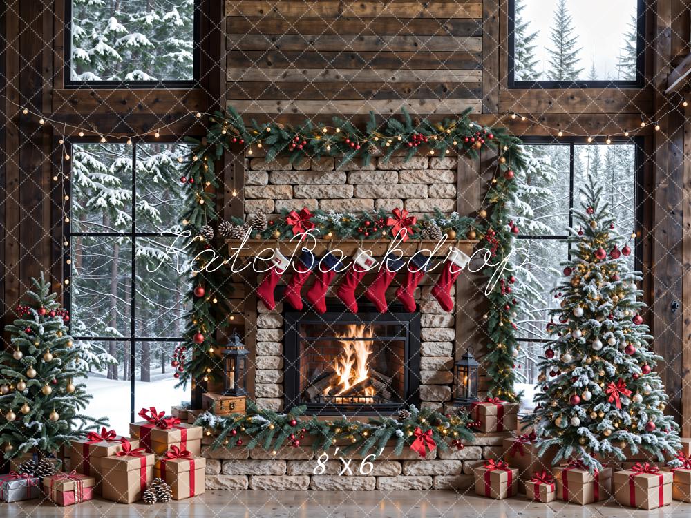Kate Winter Christmas Brick Fireplace Window Backdrop Designed by Emetselch - Kate Backdrop AU