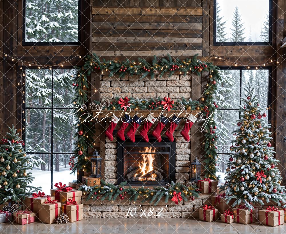 Kate Winter Christmas Brick Fireplace Window Backdrop Designed by Emetselch - Kate Backdrop AU