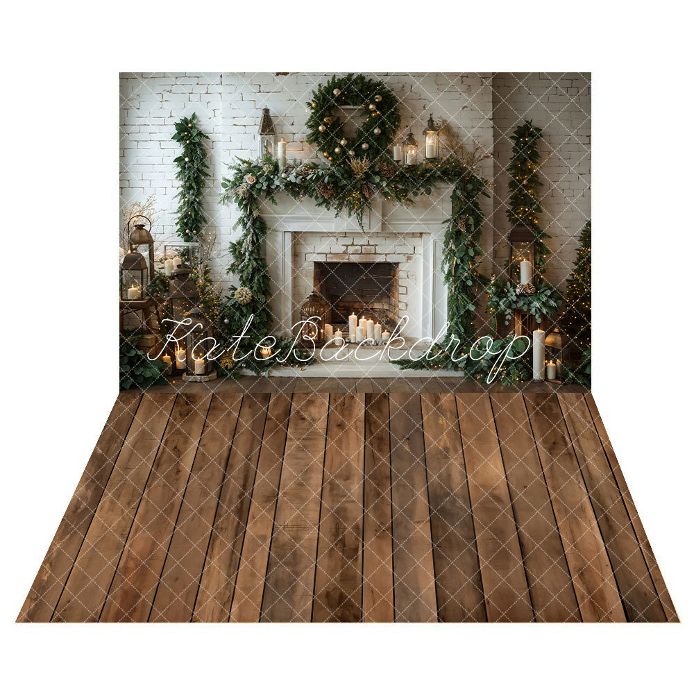 Kate Christmas White Brick Fireplace Backdrop+Wood Texture Floor Backdrop - Kate Backdrop AU