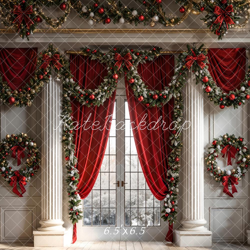 Kate Christmas Backdrop Wreath Interior Decoration Red Curtains Designed by Chain Photography - Kate Backdrop AU