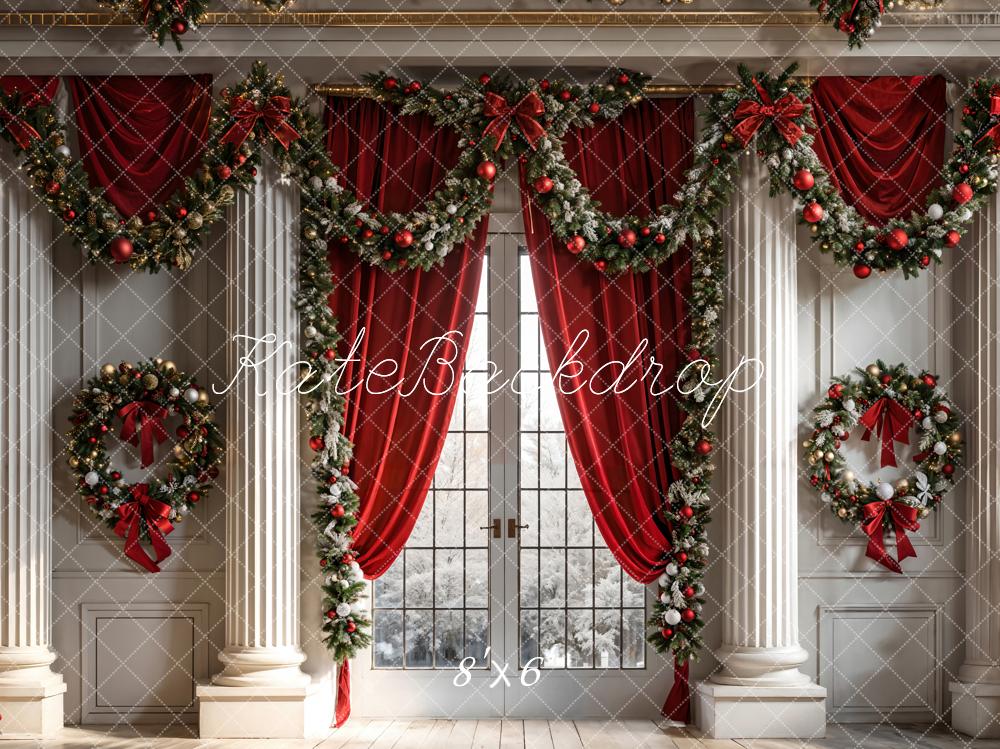 Kate Christmas Backdrop Wreath Interior Decoration Red Curtains Designed by Chain Photography - Kate Backdrop AU