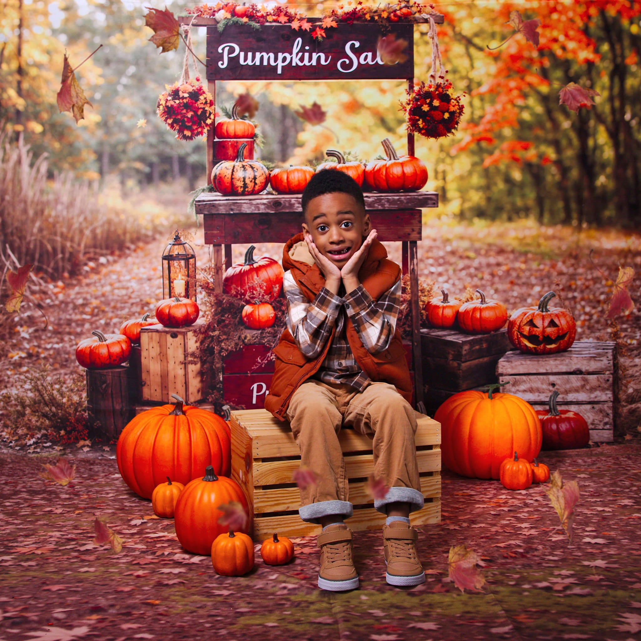 Kate Fall Pumpkin Sale Backdrop+Fallen Leaves Mud Floor Backdrop - Kate Backdrop AU