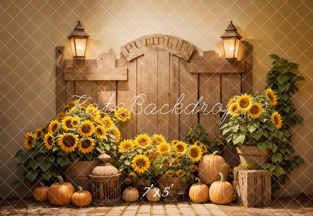 Kate Autumn Wood Door Backdrop Sunflower Pumpkin Designed by Emetselch - Kate Backdrop AU
