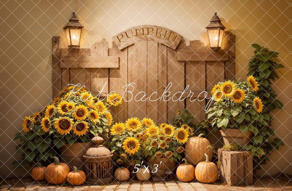 Kate Autumn Wood Door Backdrop Sunflower Pumpkin Designed by Emetselch - Kate Backdrop AU