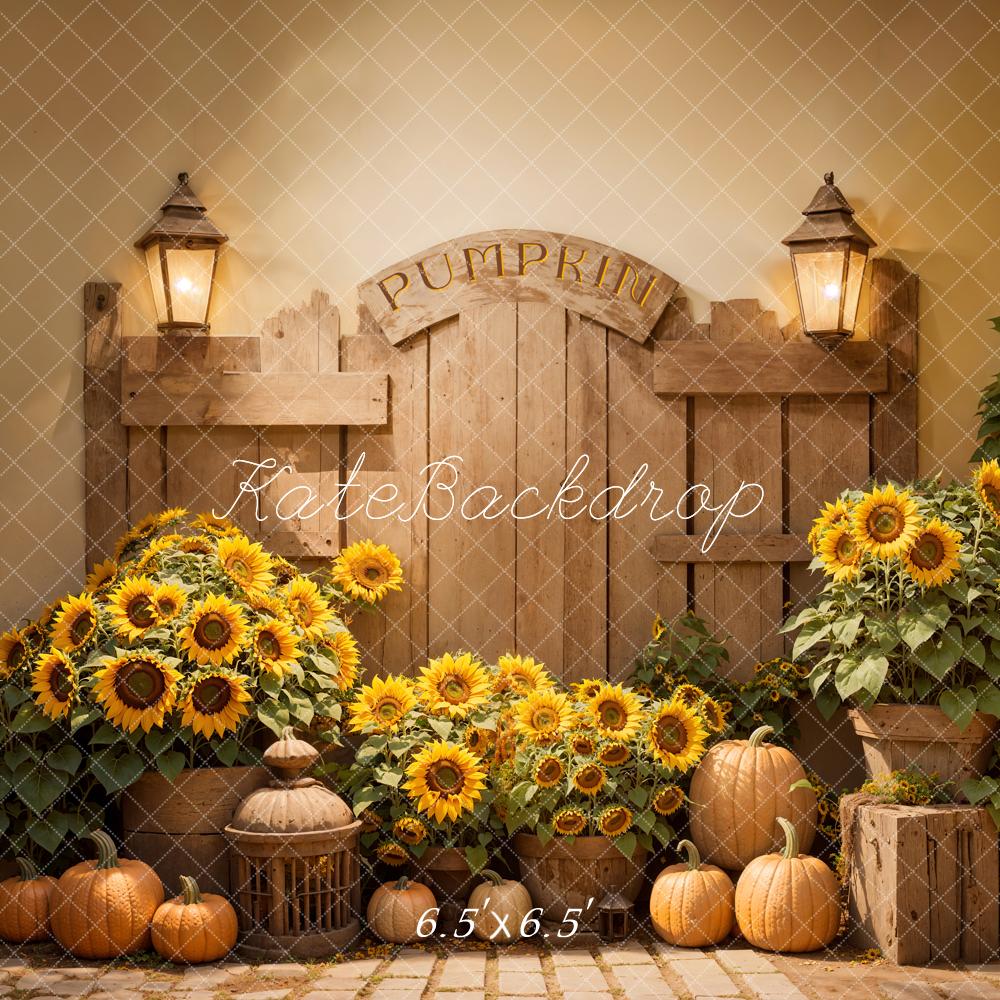 Kate Autumn Wood Door Backdrop Sunflower Pumpkin Designed by Emetselch - Kate Backdrop AU