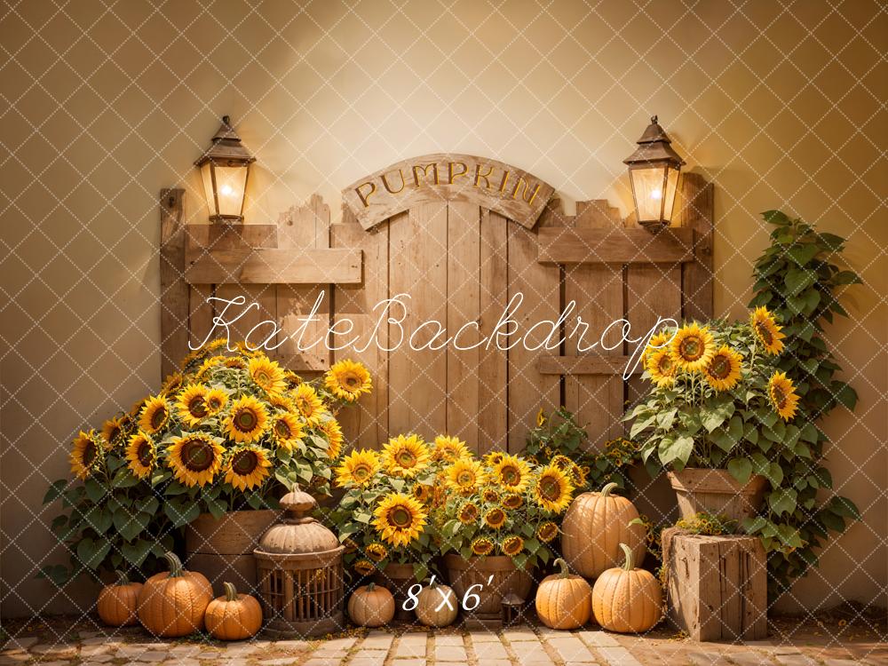 Kate Autumn Wood Door Backdrop Sunflower Pumpkin Designed by Emetselch - Kate Backdrop AU