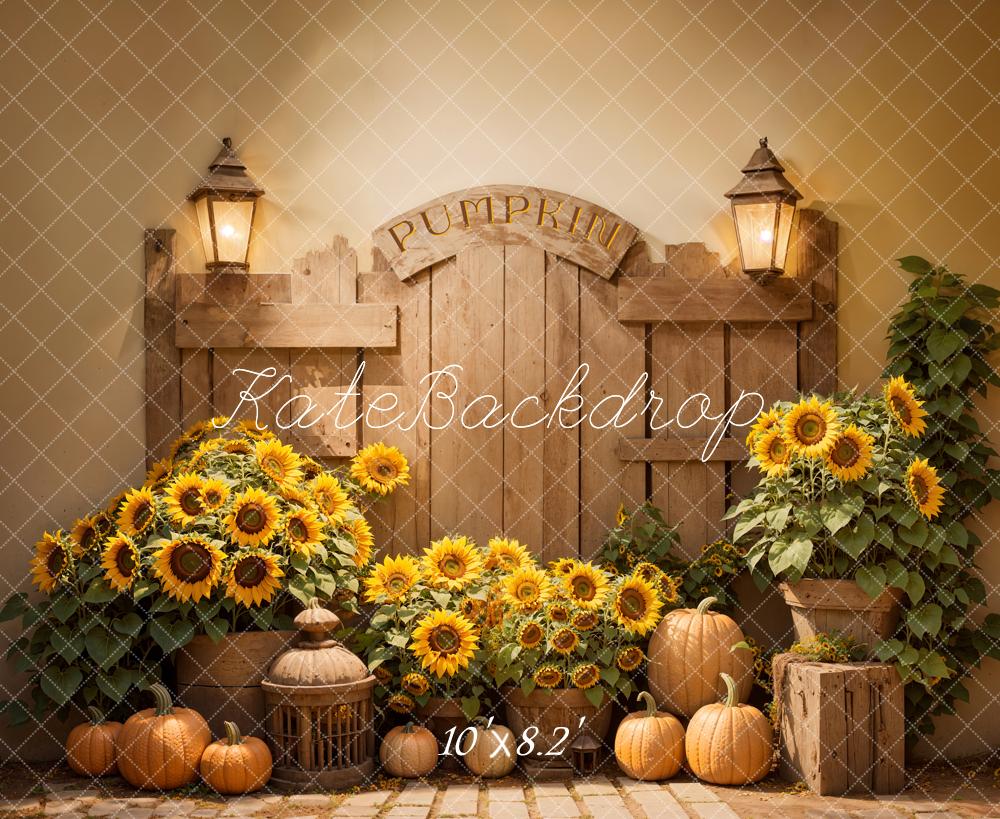 Kate Autumn Wood Door Backdrop Sunflower Pumpkin Designed by Emetselch - Kate Backdrop AU