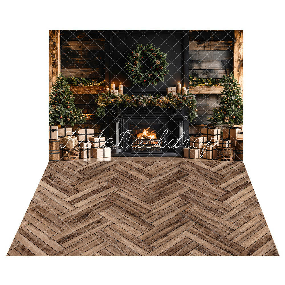 Kate Christmas Black Wall Fireplace Backdrop+Wood Grain Floor Backdrop - Kate Backdrop AU