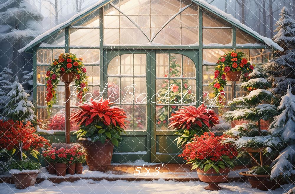 Kate Winter Snow Red Flower Greenhouse Backdrop Designed by GQ - Kate Backdrop AU