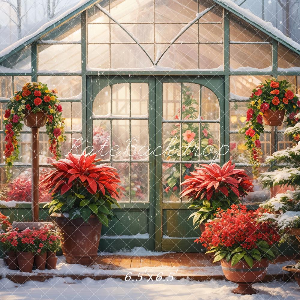 Kate Winter Snow Red Flower Greenhouse Backdrop Designed by GQ - Kate Backdrop AU