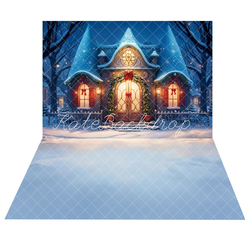 Kate Christmas Blue Night House Backdrop+Winter Snow Floor Backdrop - Kate Backdrop AU