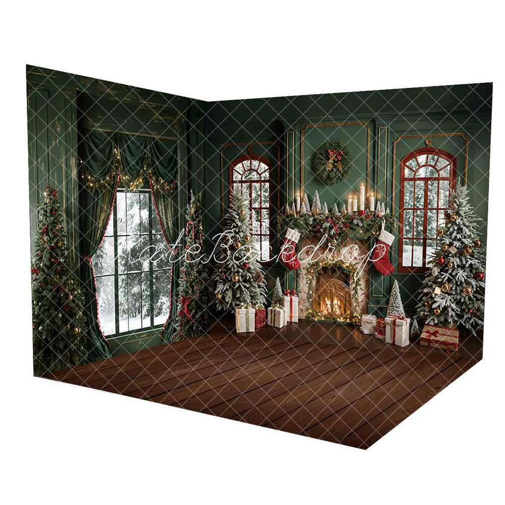 Kate Christmas Tree Green Wall Window Room Set(8ftx8ft&10ftx8ft&8ftx10ft) - Kate Backdrop AU