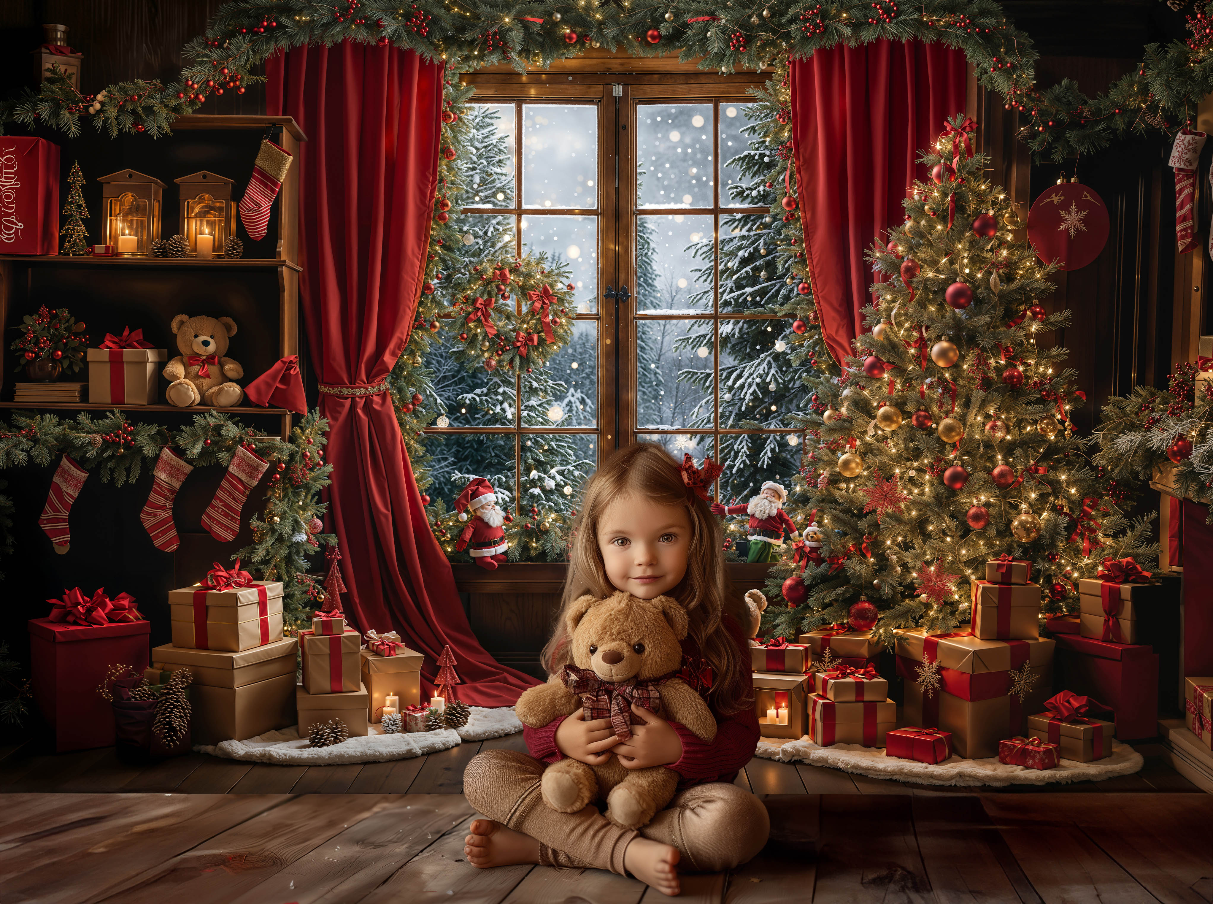 Kate Winter Christmas Red Curtain Window Backdrop Designed by Emetselch - Kate Backdrop AU
