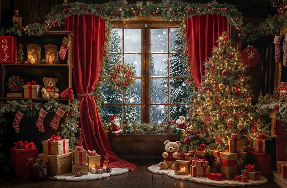 Kate Winter Christmas Red Curtain Window Backdrop Designed by Emetselch - Kate Backdrop AU