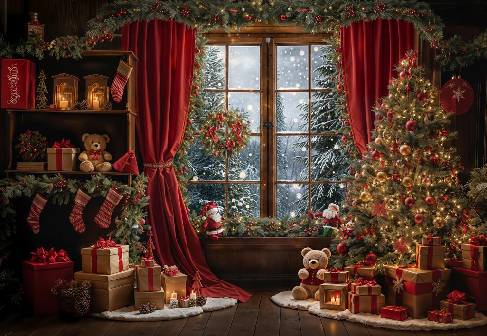 Kate Winter Christmas Red Curtain Window Backdrop Designed by Emetselch - Kate Backdrop AU