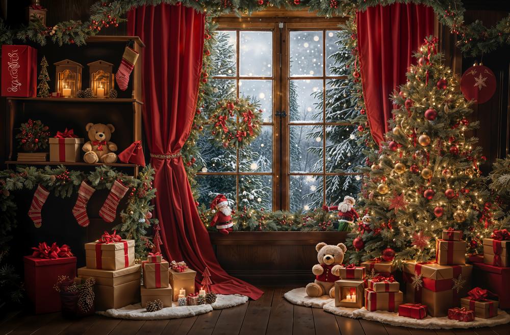 Kate Winter Christmas Red Curtain Window Backdrop Designed by Emetselch - Kate Backdrop AU