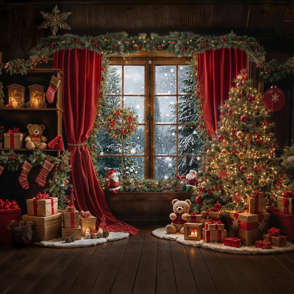 Kate Winter Christmas Red Curtain Window Backdrop Designed by Emetselch - Kate Backdrop AU