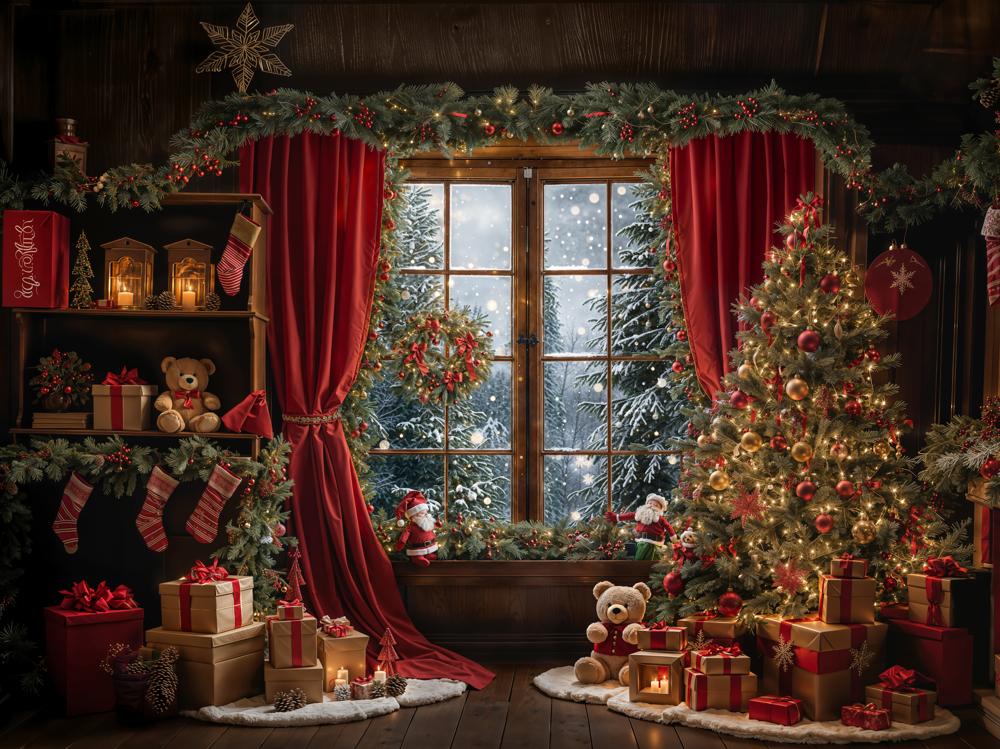 Kate Winter Christmas Red Curtain Window Backdrop Designed by Emetselch - Kate Backdrop AU