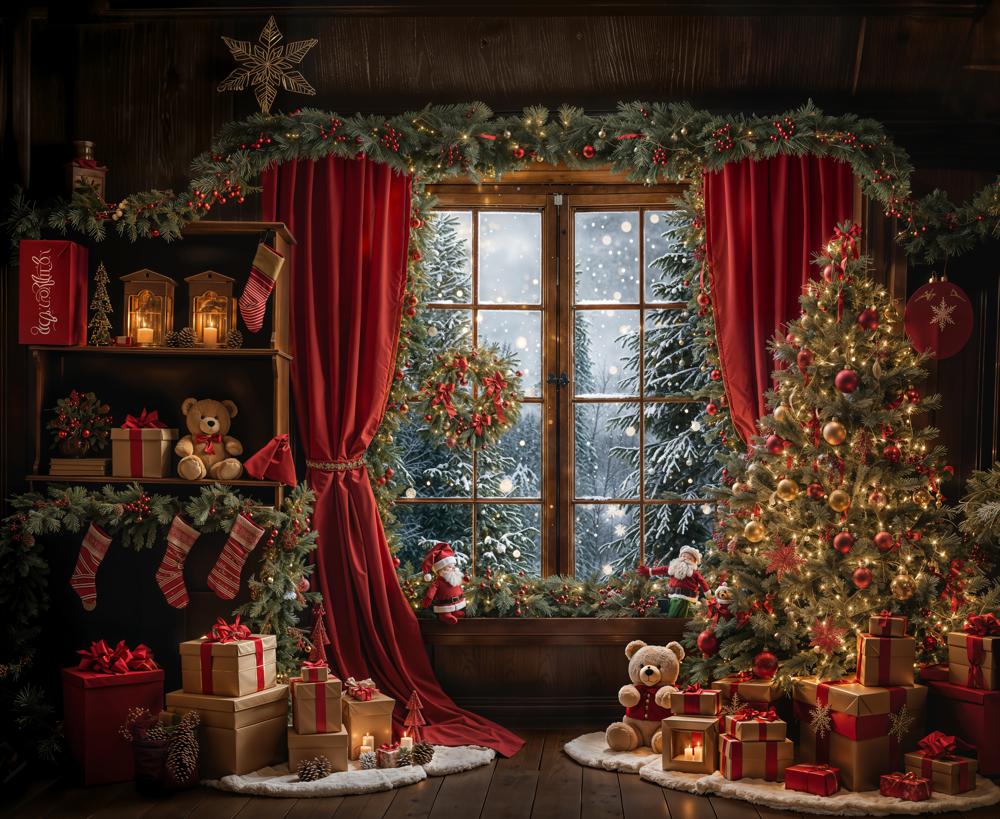 Kate Winter Christmas Red Curtain Window Backdrop Designed by Emetselch - Kate Backdrop AU